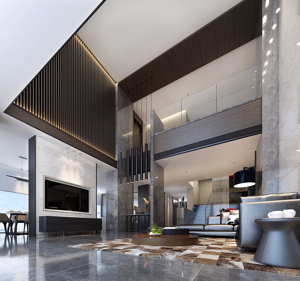 黑白灰现代简约风格室内装修效果图-嘉兴天湖郦都别墅420平米